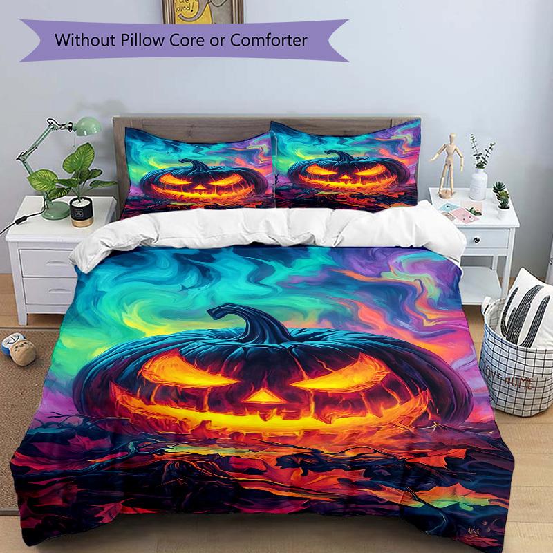 3pc Pumpkin Halloween Cover Set - 1 Quilt Cover + 2 Pillowcases, All Seasons Bedroom Setting, Perfect for Home074