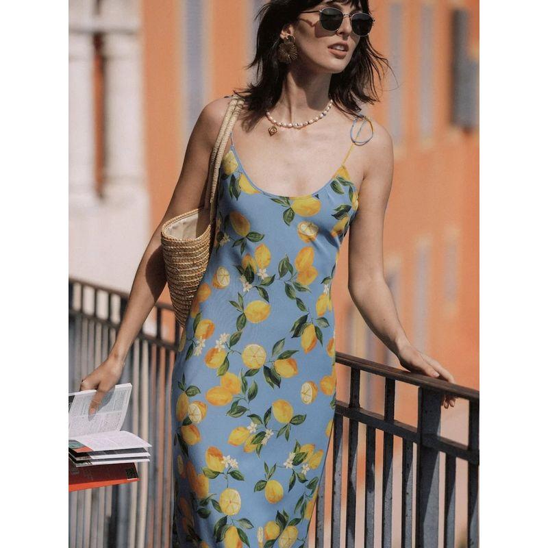 Lemon Flavor Summer South French Romantic High-Grade Lemon Print Oblique Cutting Lace-up Suspender Dress Holiday Style Dress