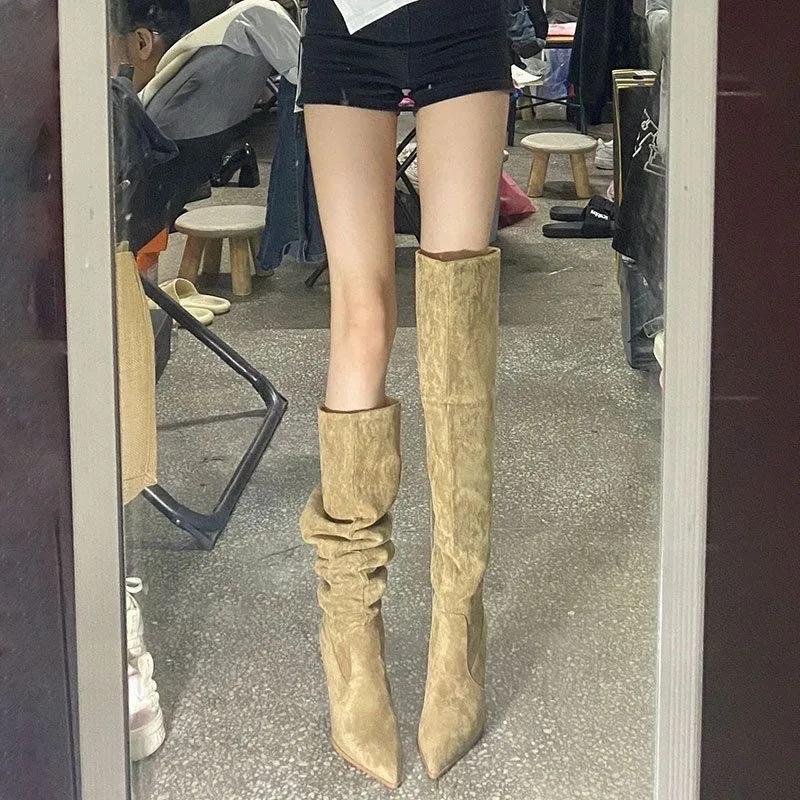 Fashion Non-Knee Thigh Boots Women's Pointed Toe Suede Slip-on Anti-Slip Wear-Resistant Stiletto Heel High Boots