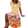 Women's Floral Print V-Neck Short Sleeve Dress,Black Background with Multicolor Flowers,Casual Beach Dress