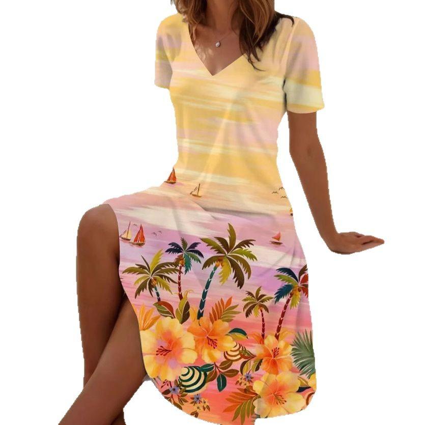 Women's Floral Print V-Neck Short Sleeve Dress,Black Background with Multicolor Flowers,Casual Beach Dress