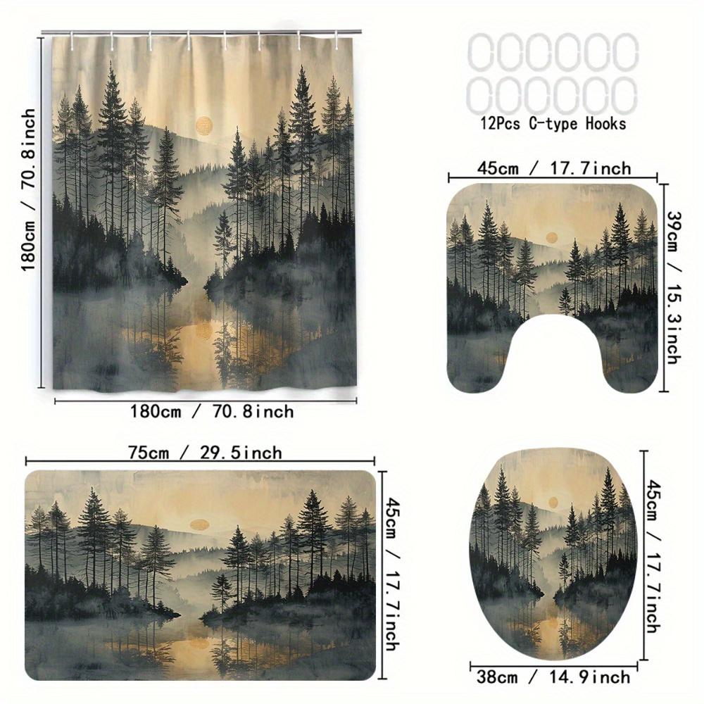 Set Of 4 Waterproof Polyester Shower Curtains, Forest Landscape Pattern, With Hooks, Machine Washable. Suitable For Bathroom