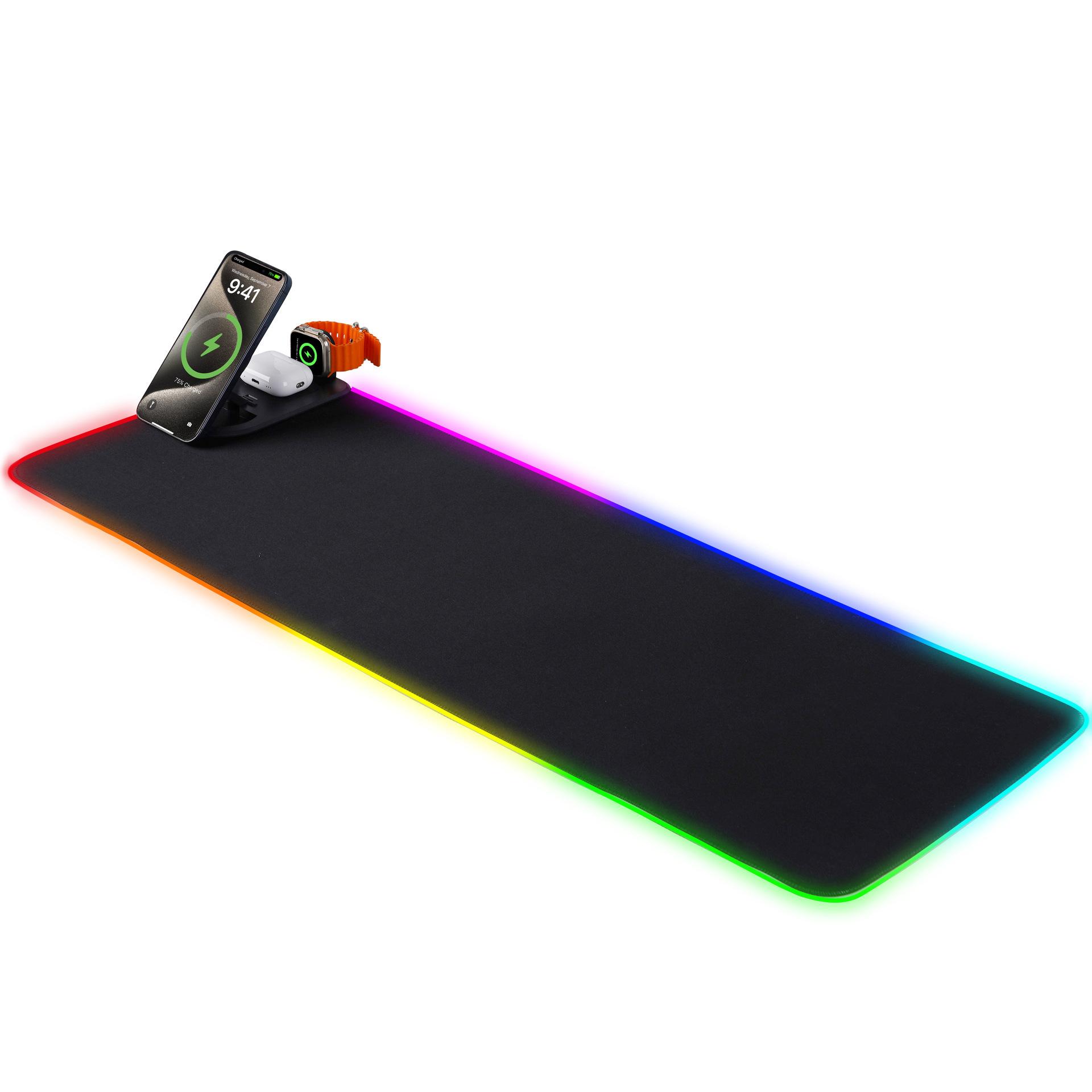 

3 in 1 Multifunctional Wireless Charging Mouse Pad for Phone/Earbuds/Smart Watch RGB Desk Mat with Phone Stand