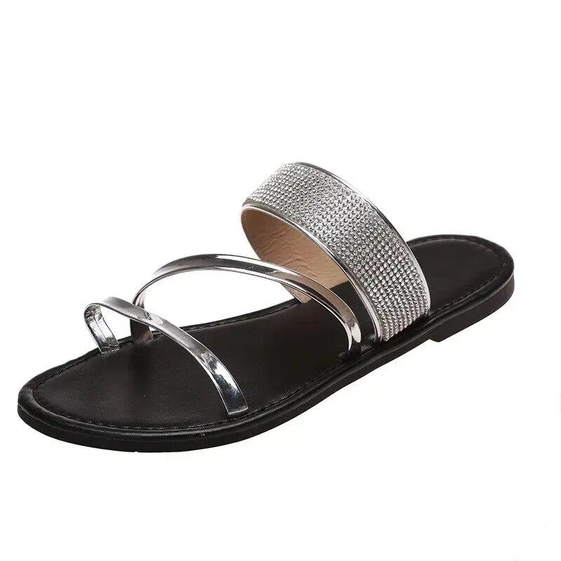 Sandalias de verano para mujer, sandalias planas con diamantes de imitación brillantes, zapatos casuales brillantes para la playa