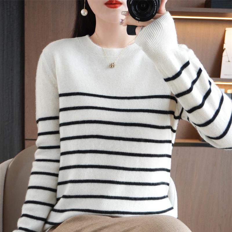 Women's Designer Striped Wool Knit Sweater - Contrasting Colors, Round Neck