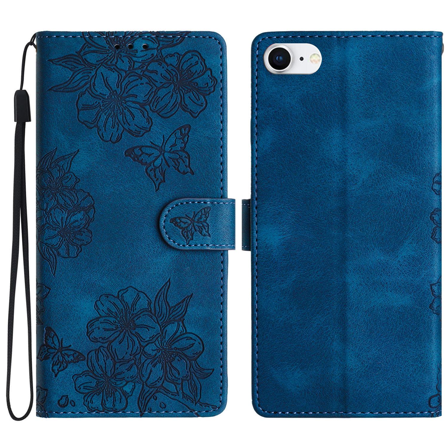 

For iPhone 6/6s/7/8 4.7 Inch/SE (2020)/SE (2022) Case Sakura Butterfly Imprint Leather Wallet Stand Phone Cover Blue