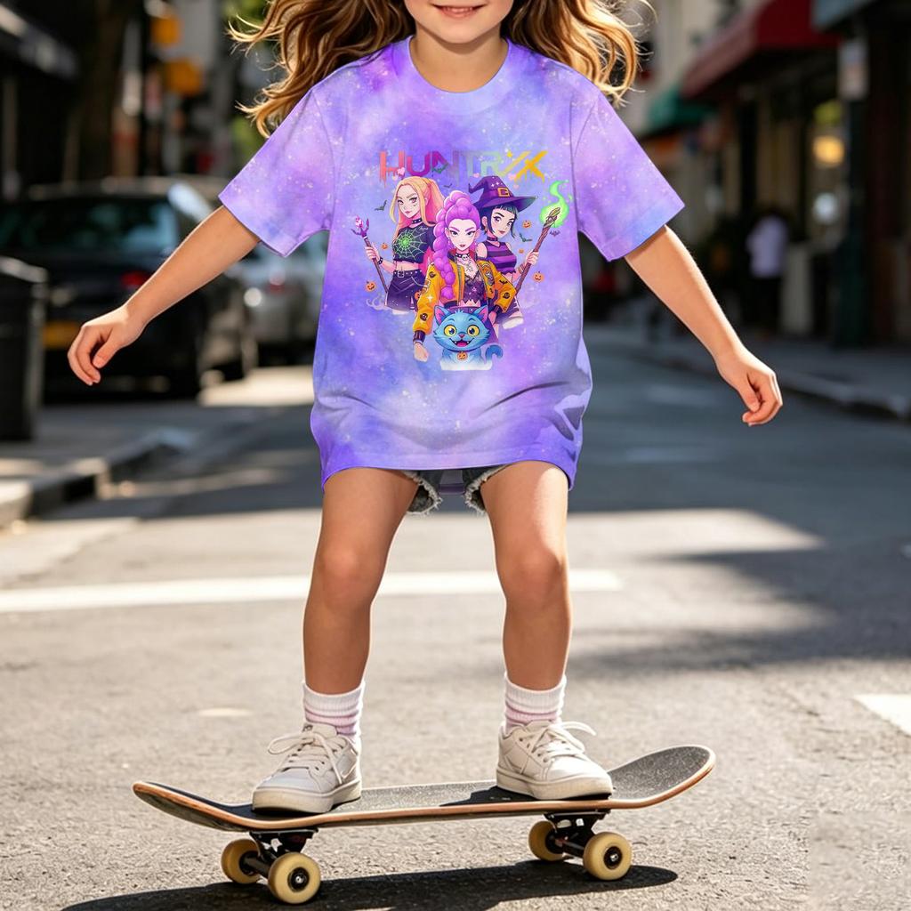 Girls Loose Fit Short Sleeve T Shirt Halloween Inspired Demon Hunter Print Casual Comfortable Top for Kids