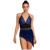 Womens Figure Skating Sling Bodysuit Sparkle Rhinestone Ruched Irregular Mesh Overlay Color Block Leotard