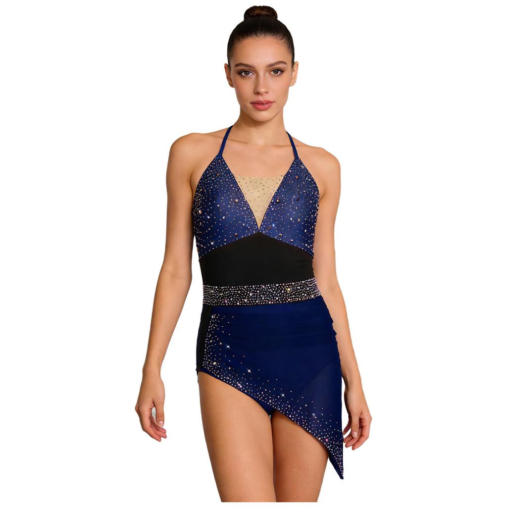 Womens Figure Skating Sling Bodysuit Sparkle Rhinestone Ruched Irregular Mesh Overlay Color Block Leotard