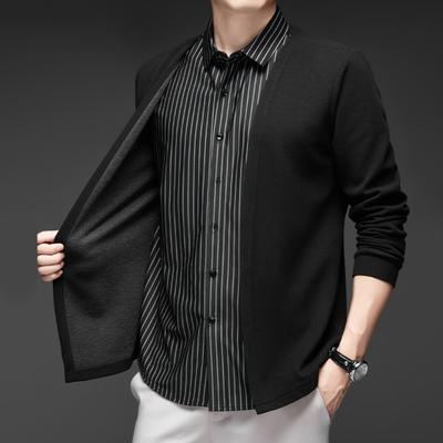 Men Shirt Fake Two-piece Cardigan Turn-down Collar Single-breasted Striped Long Sleeves Color Matching Knitted Formal Business Style Top