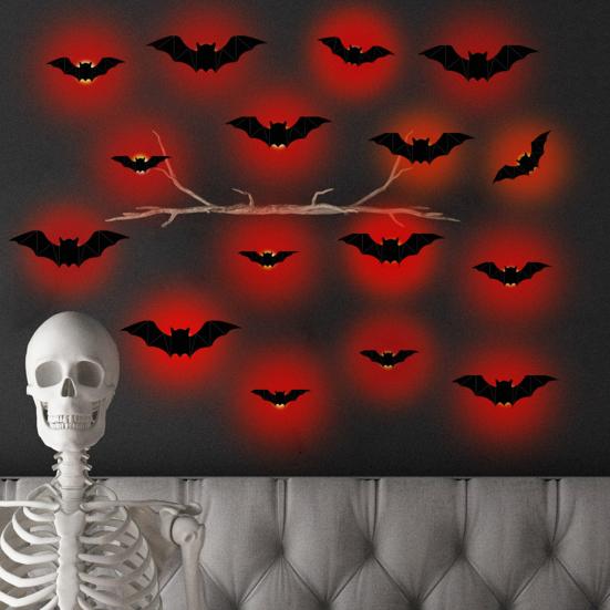 16 Pcs Lighted 3D Bat Sticker LED Halloween Bat Decorative Wall Sticker Light Up Glowing Bat Clings for Bedroom Window Wall Decor
