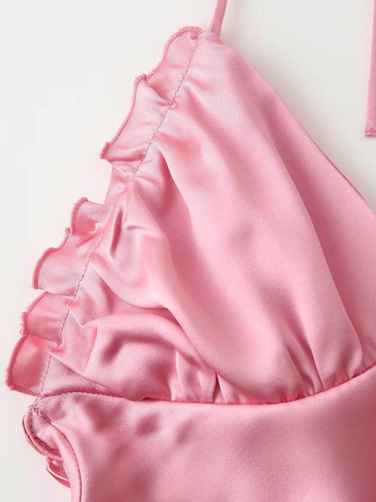 Silk Satin V-neck Backless Spaghetti Strap A-line Dress for Women - New European American Style