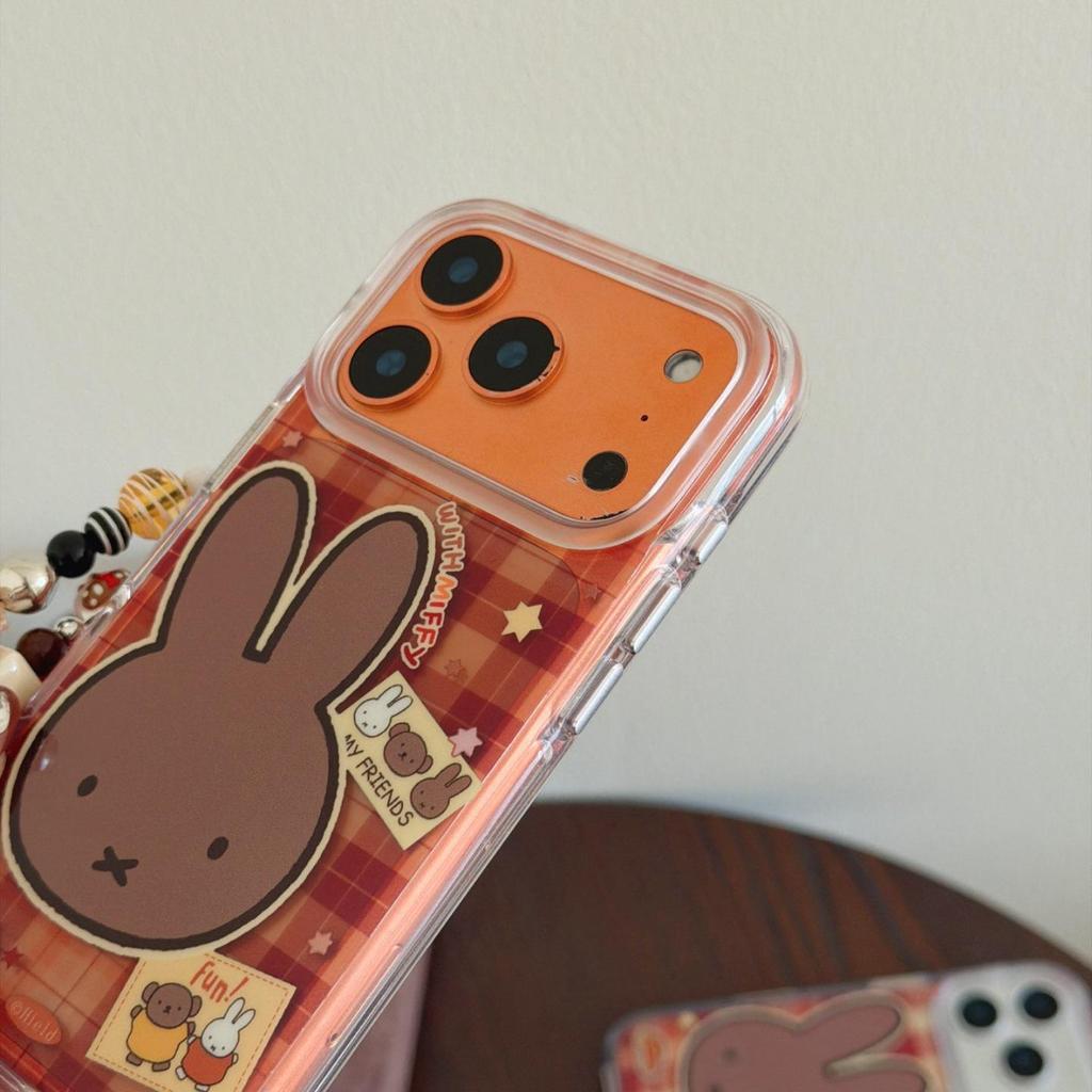 Black Plaid Leather Miffy Rabbit Case for iPhone 13 To 17 Pro/Max