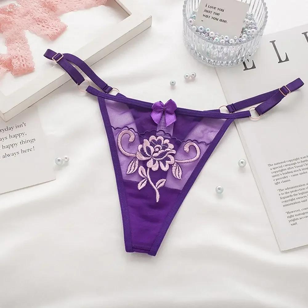 Breathable Girls Flower Embroidery Low waist Intimates Ladies Bandage Thongs Lace Bow Panties Women  T-back Seamless  Briefs