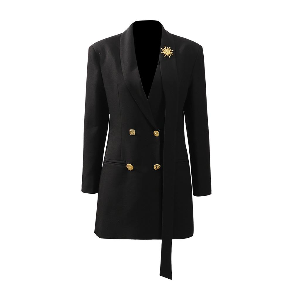 Женский приталенный двубортный пиджак с лацканом и декоративными металлическими пуговицами, весна 2026 L чёрный