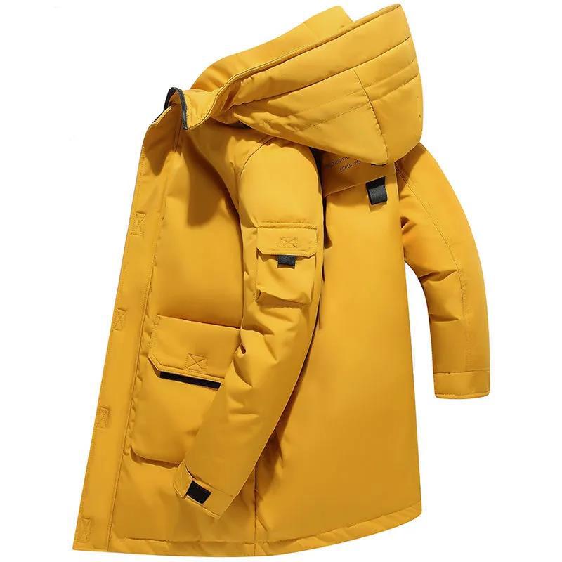 

Мужское пуховое пальто с капюшоном, зимняя толстая теплая пуховая куртка, белое пальто на утином пуху, однотонный тренд, можно носить на севере M жёлтый