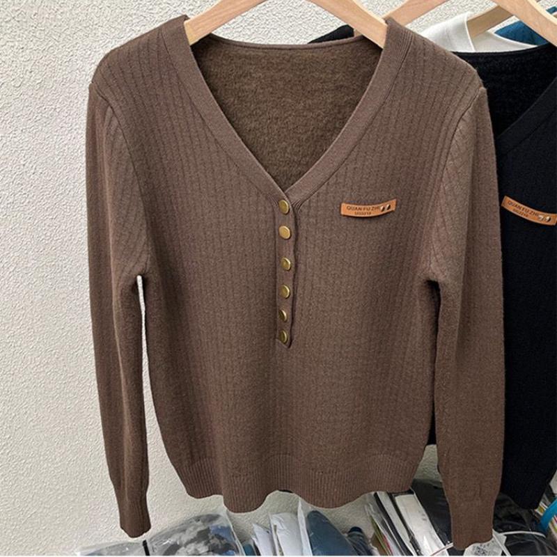 Fashion Plus Velvet Padded Sweater All Match Casual Knit Bottoming Shirt Women Autumn Winter Elegant Slim V-neck Tops