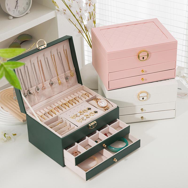 Multifunctional Ranged Leather Jewelry Box Three-layer Jewelry Bracelet Jewelry Box Hardware Lock Ring Earrings Storage Box