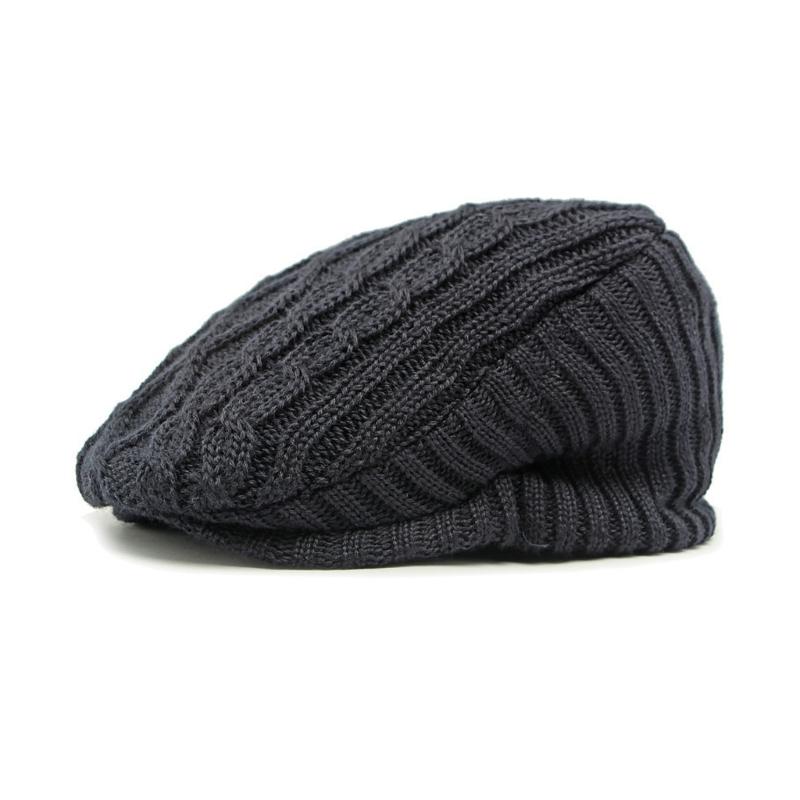 Practical Polyester Beret Hat With Fleece Inner Lining Warm Windproof Elastic Band Fashion Design Winter Warm Knit Hat темно-синий