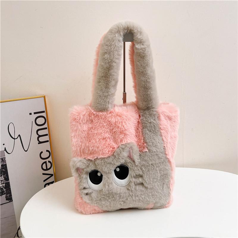 Fashion Cute Plush Cat Pattern Shoulder Bag, Autumn Winter Chic Plush Tote Bag for Women, Cartoon Cat Soft Faux Fur Handbag
