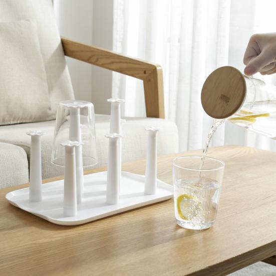 Escurridor de Tazas de Plástico de 6 Ranuras con Bandeja de Goteo Organizador de Encimera Ahorra Espacio para Tazas Vasos Estante de Almacenamiento de Cocina Libre de BPA