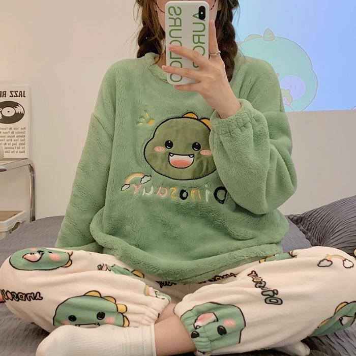 Thickened Warm Sleepwear for Winter Flannel Women Nightwear Homewear Ladies Cartoon Pajamas Loungewear Two-Piece Suit
