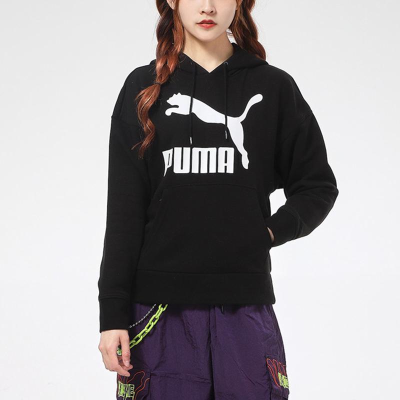 Puma Sporty Casual Printed Large Logo Hoodie Women Tops Black 531383-01