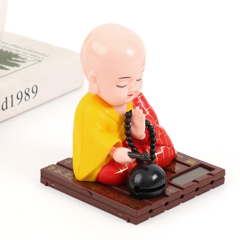 Online Solar-Powered Wooden Little Monk Car Figurine - Buddha Decoration