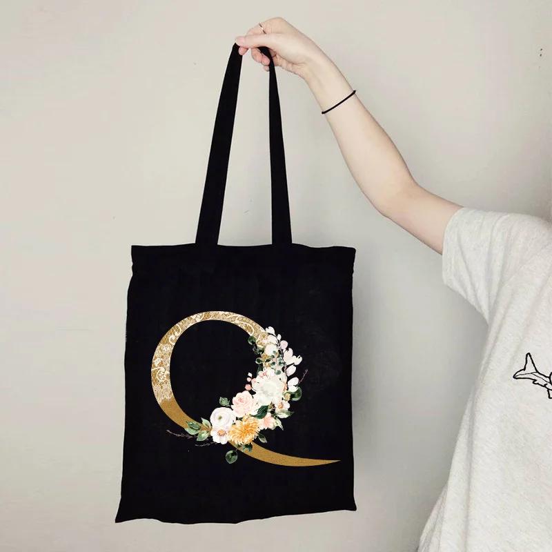 Gold Letter Flower Canvas Bag Women's Shopping Bag Reusable Large Capacity Portable Handbag Harajuku Student Shoulder Bag
