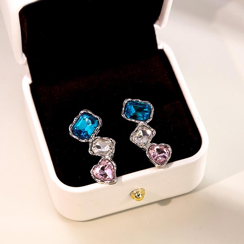 

Silver Needle Geometric Crystal Heart & Square Stud Earrings, Pink.