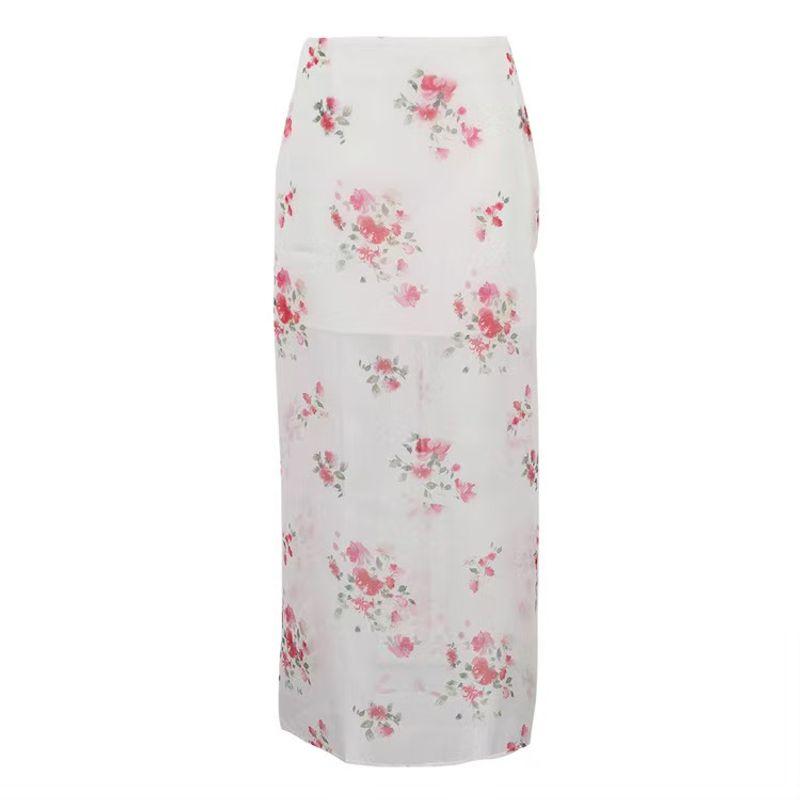 

Fashion Style New Arrival Print See-through High Waist Slit Skirt Double Layer Bodycon Dress Printed Midi Skirt White S