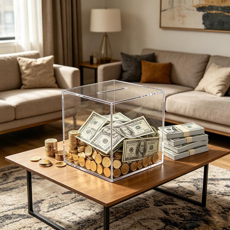 Square Clear Acrylic Piggy Bank with In-Only Slot, High Transparency