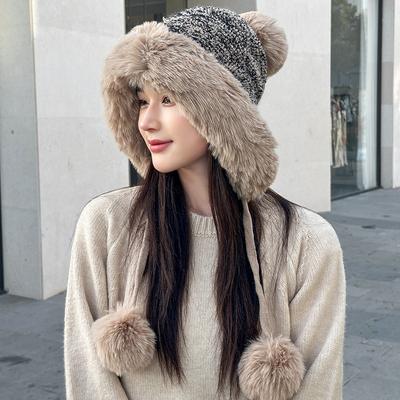 Plüsch Plüsch Verdickte Doppellagige Strickmütze Winterwollmütze Weiblich Niedliche Pomponmütze