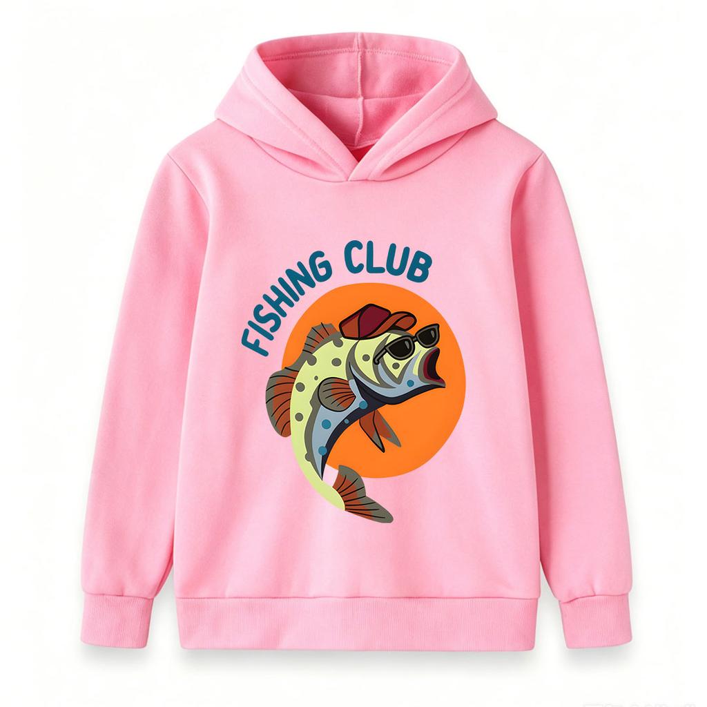 Kids Boys Girls Pullover Hoodie, Cool Cartoon Fish Fishing Club Print Casual Long Sleeve Sweatshirt, Comfortable Crew Neck Hooded Top for Daily Outdoo