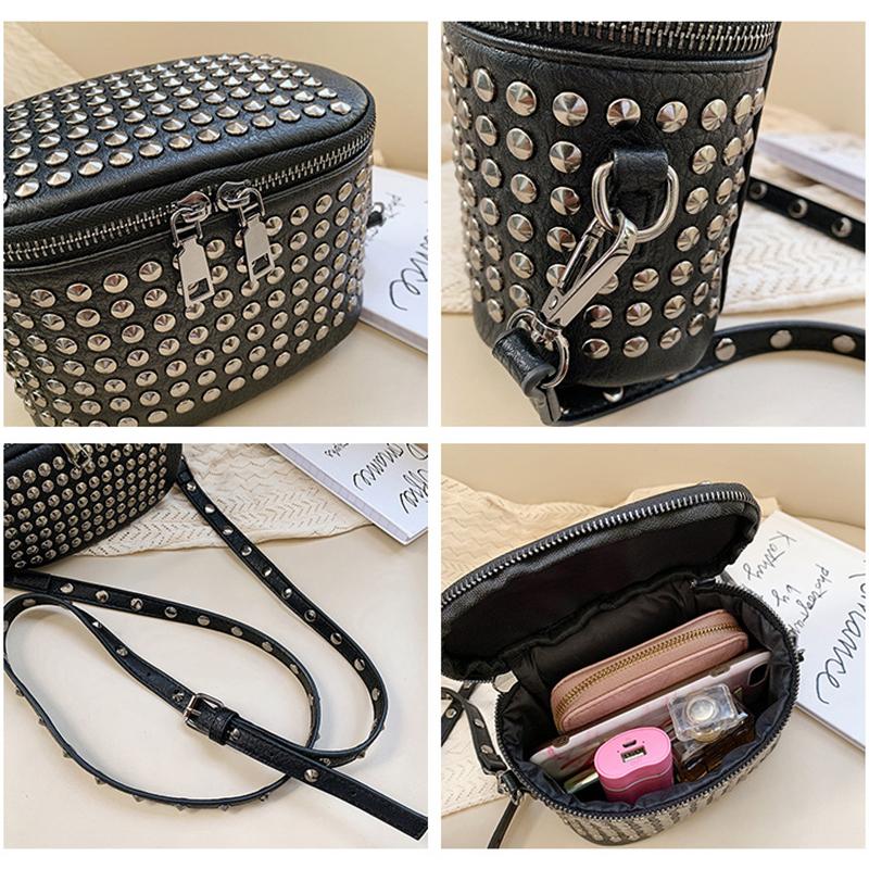 Yogodlns Luxury Retro Design Women's Bucket Shoulder Bag New Fashion Rivet Diamond Small Square Bag Personality High-end Crossbody Bag