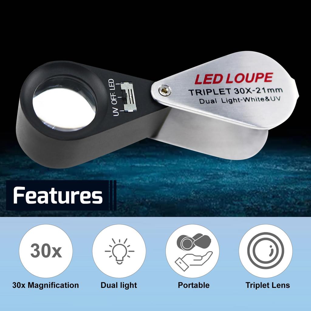 Illuminated Jewelry 30x Foldable Jewelry Triplet LED Magnifier with 6 LEDs and UV Light for and More Magnifier, Magnification, Magnifier, Jewelry,