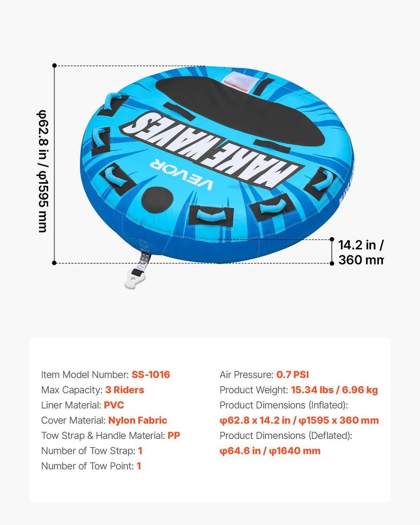 Towable Tubes for Boating, 3-Rider Inflatable Boat Tubes and Towables, 231kg Capacity Water Sport Tube for Boat To Pull - with Anti-Slip Pad, Full