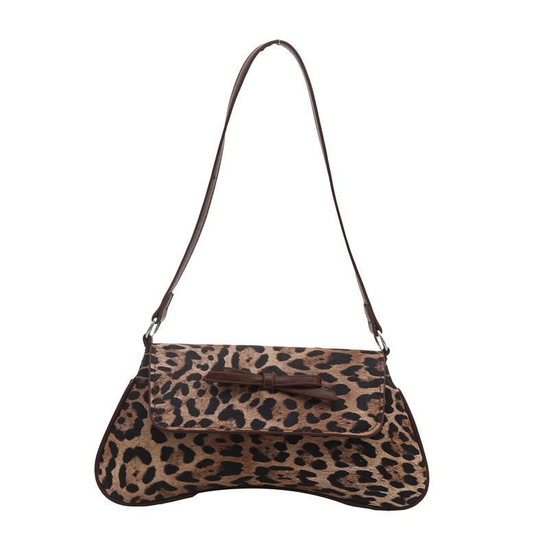 Large Capacity Solid Color Bow Casual Foreign Style New Personalized Retro Fashion Leopard Print Commuter Shoulder Messenger Women's Bag