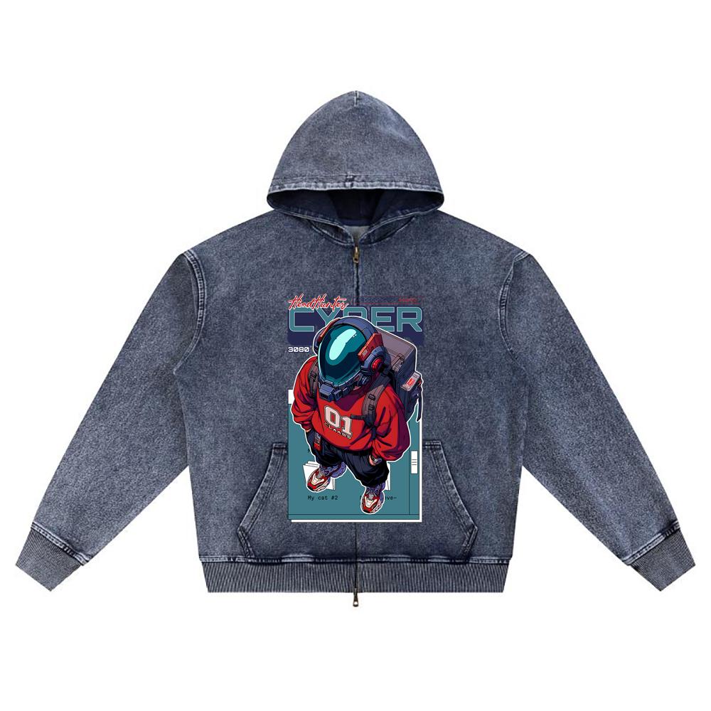 

DTG print Knitted Denim Zip-Up Hoodie Cyber Cartoon Graphic Brother Print Zipper Hoodies XL темно-синий