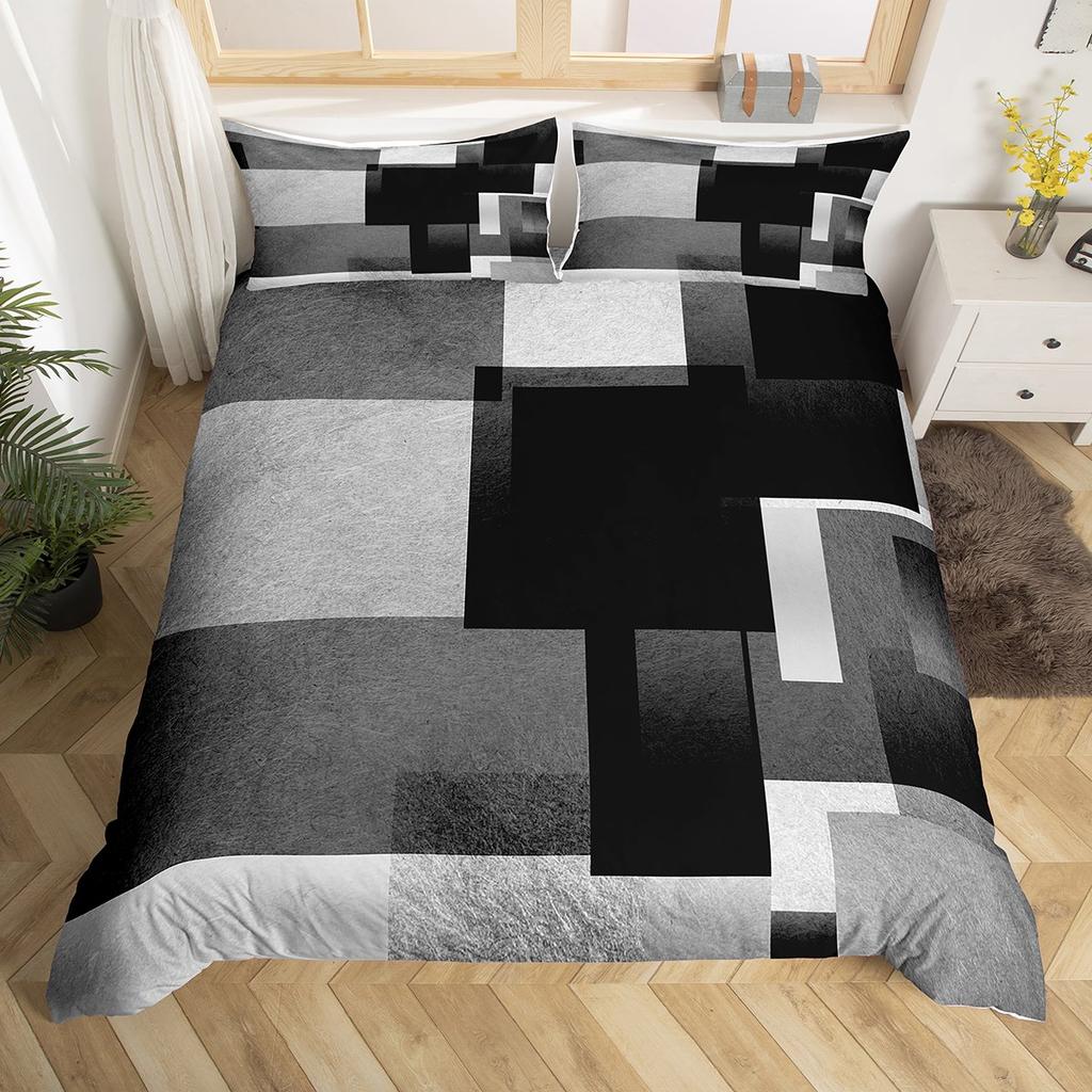 Homewish Geometric Anstract Duvet Cover Set For AdultPink Grey Square Bedding SetModern Fashion Bed Set