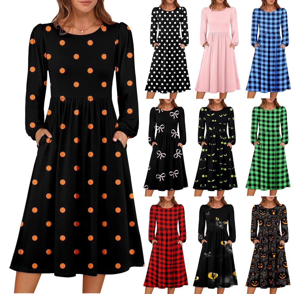 Women's fashionable loose retro printed round-neck dress