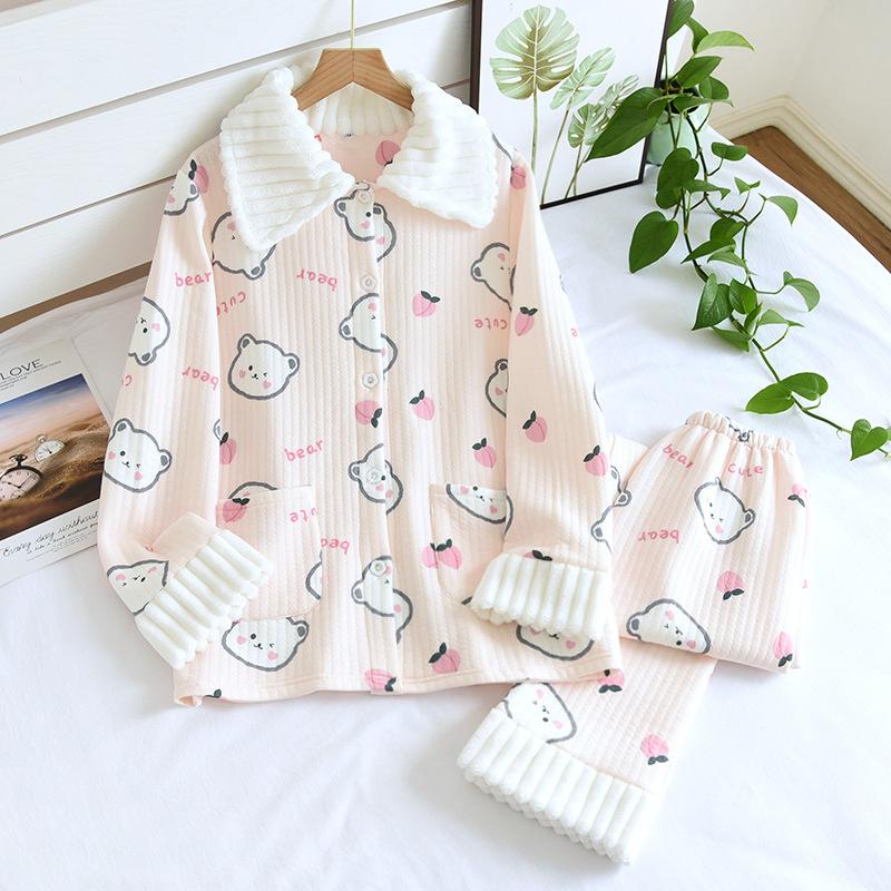 Fresh Sweet Winter Thicken Pajamas Sets Women Keep Warm 100% Scuba Cotton Quilted Long-sleeved Sleepwear