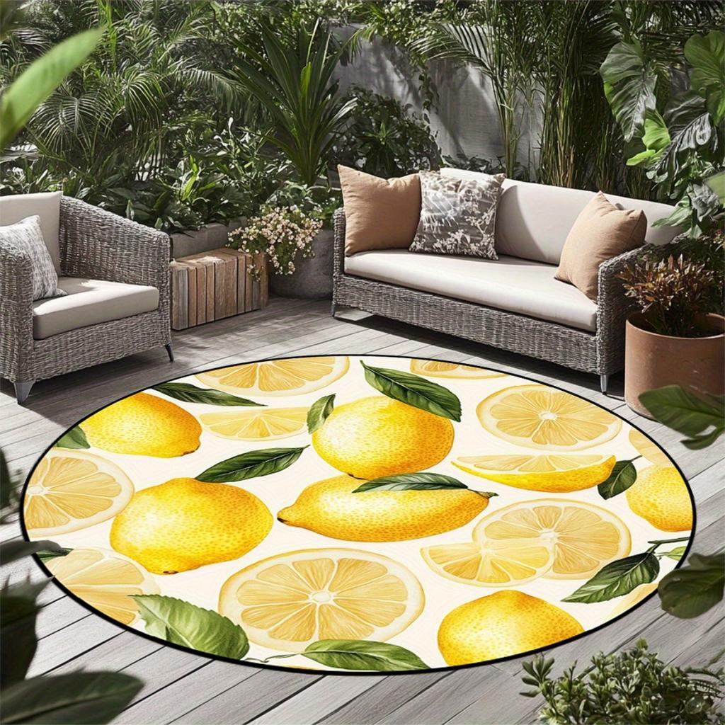 Lemon Pattern Round Rug Yellow Fruit Non-Slip Floor Mat 2D Flat Washable Area Rug for Living Room Bedroom Spring Decor