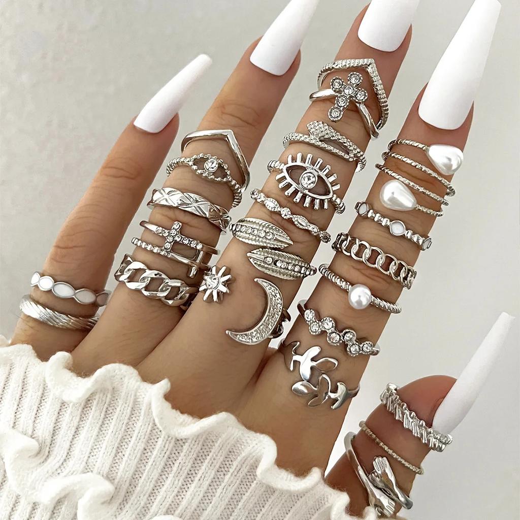 Ensemble de Bagues Géométriques pour Phalange Couleur Argent pour Femmes Perle Artificielle Chaîne Simple Bague de Doigt Bijoux Bohèmes Féminins Accessoires