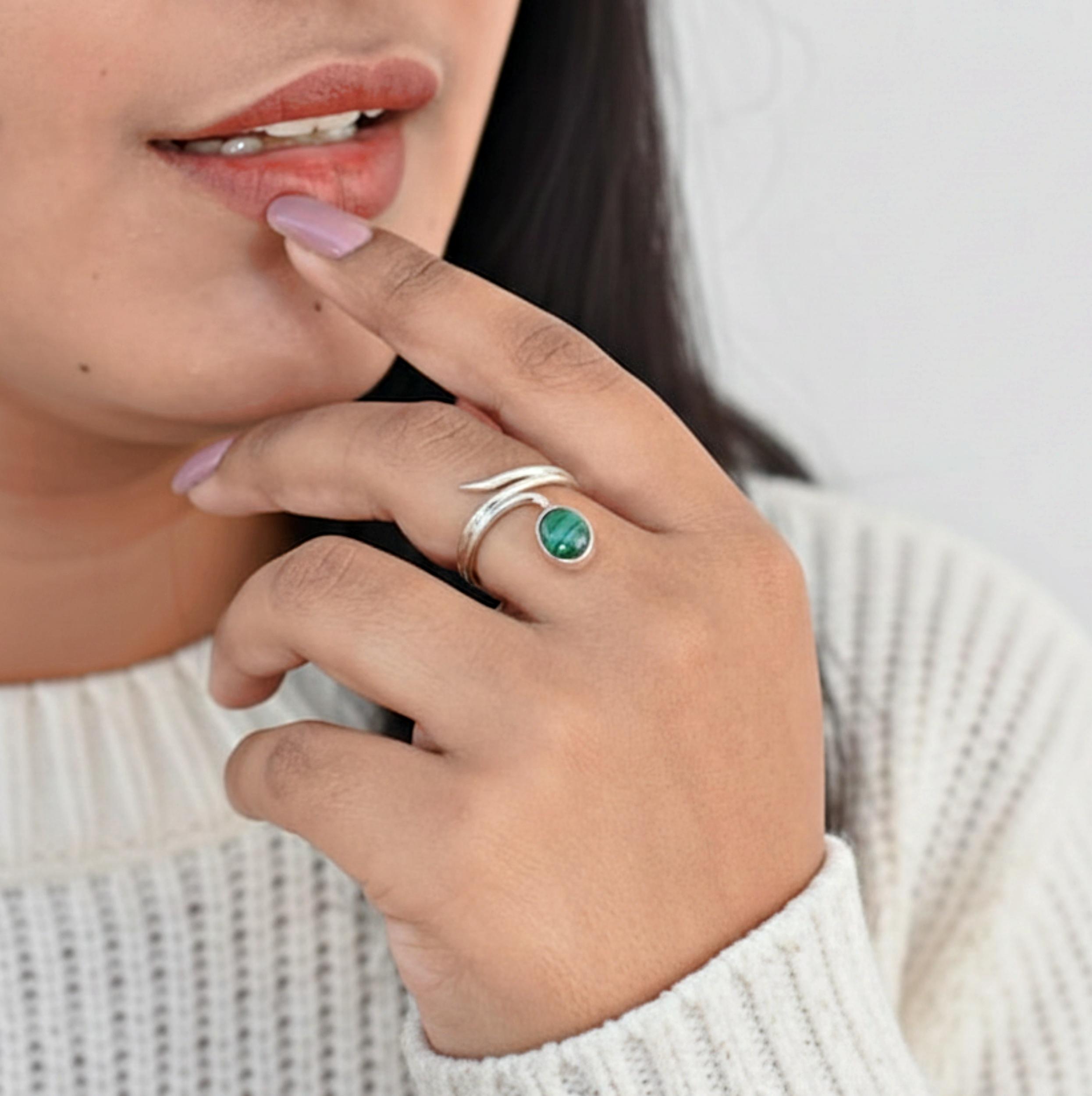 

Зеленый малахитовый кольцо-байпас, серебро 925 пробы, минималистичное богемное кольцо для женщин 12 серебряный