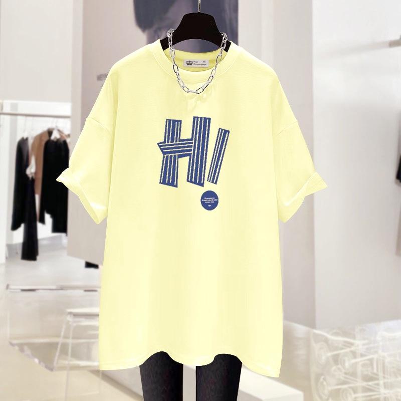 

Новая летняя корейская футболка в гонконгском стиле с надписью Trendy Large Version Loose Grey с короткими рукавами для женщин средней длины XXXL