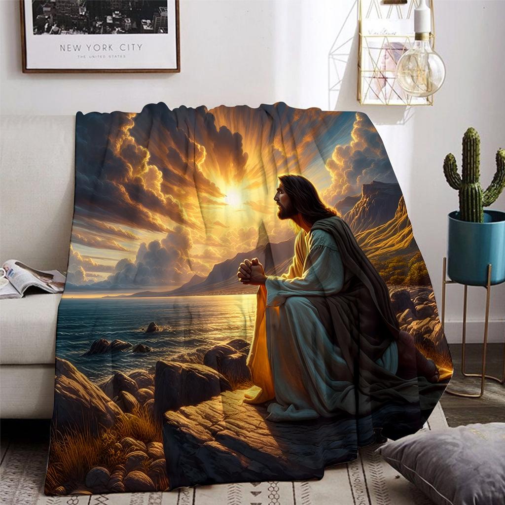 Jesus Prayer Flannel Throw Blanket Soft Lightweight All Season Seascape Sunset Print Spiritual Home Decor Sofa Travel Blankets