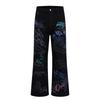 American High Street Striped Graffiti Flare Jeans Unisex Loose Distressed Denim Pants