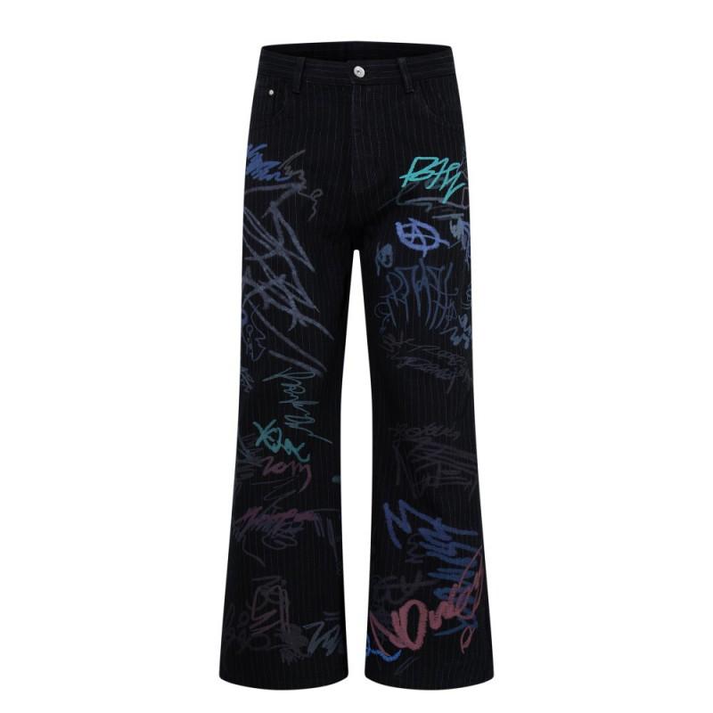 American High Street Striped Graffiti Flare Jeans Unisex Loose Distressed Denim Pants