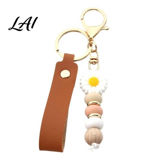 Decorative Handbag Charm Silicone Flower Keychain with Faux Leather Wristlet Car Key Ring Pendant Pendant Backpack Wood Beads Women